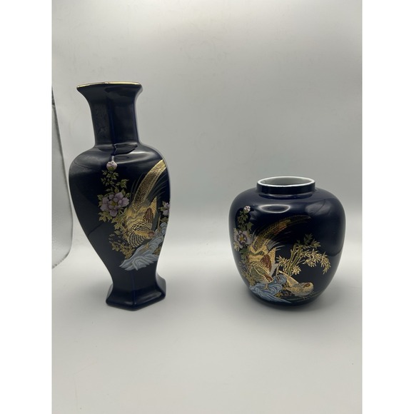 Other - 2-PC Asian Style Cobalt Blue Cloisonné Golden Floral Flower Vases